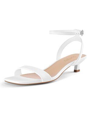 Women's White Faux Leather Square Open Toe Ankle Strap Kitten Heeled Sandals